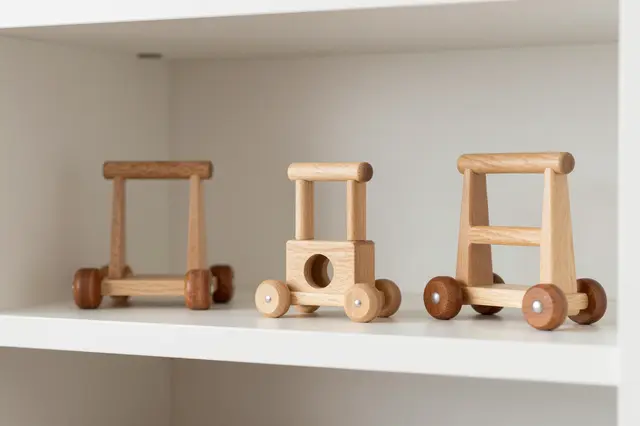 Three minimalist wooden push toys are neatly arranged on a white nursery shelf.