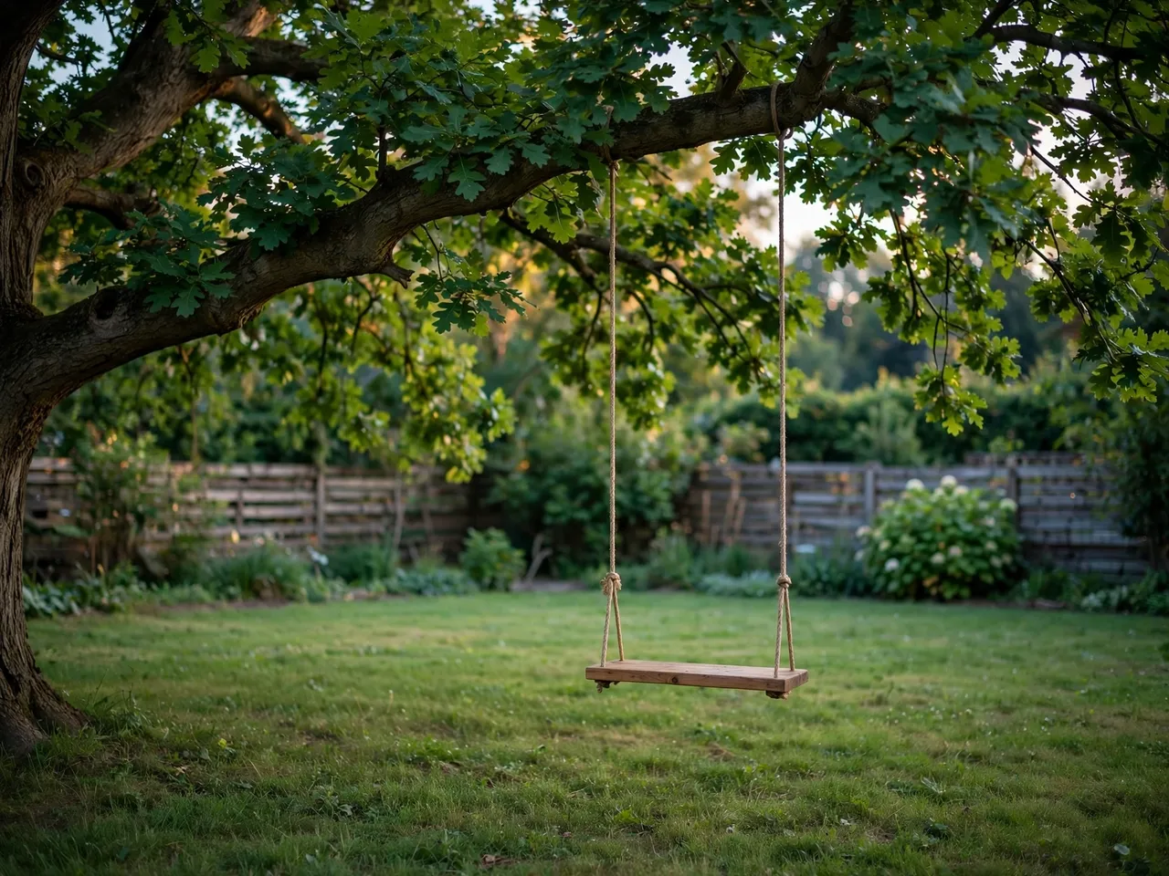 A plain wooden swing hangs from a large oak tree over a grassy backyard at summer sunset