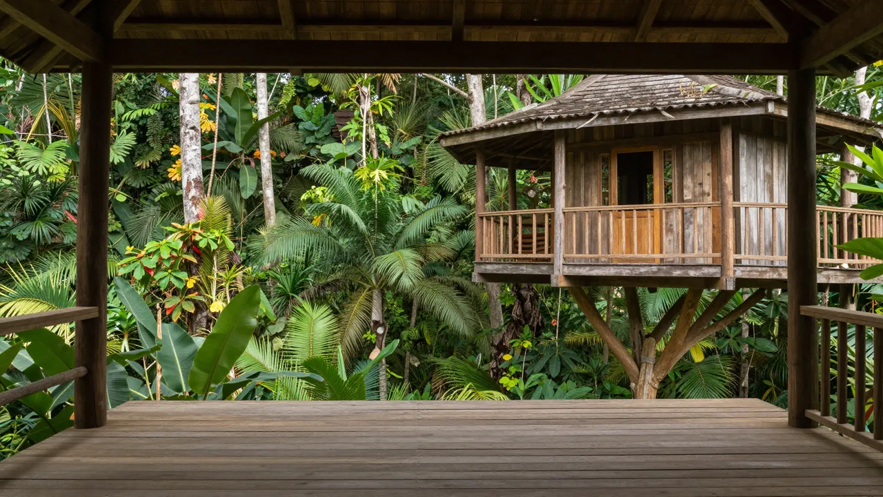 View from an empty wooden deck looking out to a stilted treehouse surrounded by dense lush tropical jungle foliage.