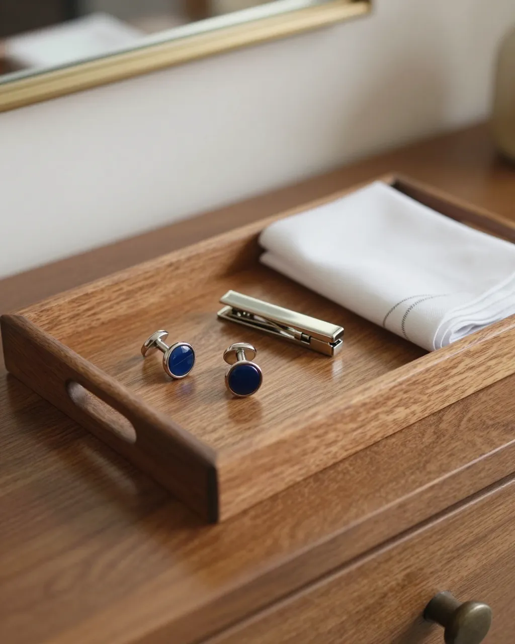 Wooden valet tray holds cufflinks, a tie clip and folded pocket square on a warm toned dresser.
