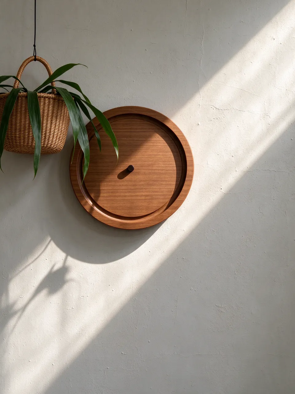 A numeral-free wooden wall clock sits next to a woven hanging plant on a pale plaster wall with long afternoon shadows.