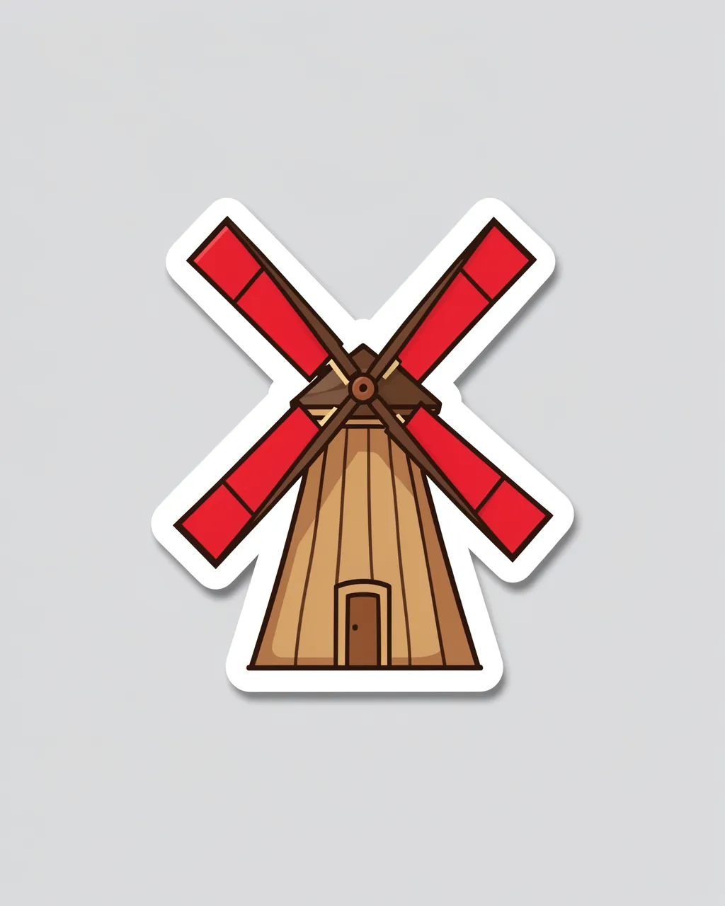 Die-cut sticker of a wooden windmill with red sails set on a plain light gray background