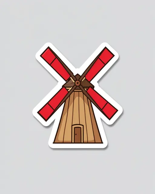 Die-cut sticker of a wooden windmill with red sails set on a plain light gray background