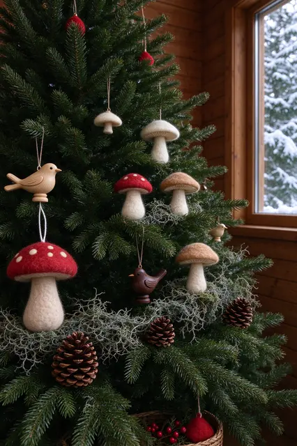 Fir Christmas tree decorated with felt mushrooms, wooden birds, pinecones and moss in a log cabin corner by a snowy window