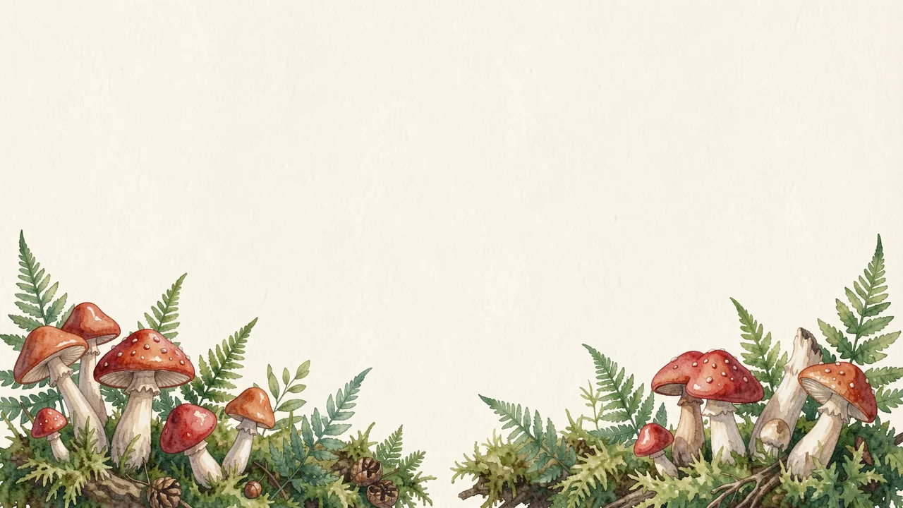 Watercolor illustration of mushrooms, ferns, and moss arranged along the bottom edge of a cream textured background