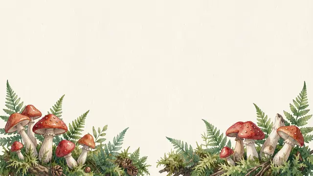 Watercolor illustration of mushrooms, ferns, and moss arranged along the bottom edge of a cream textured background