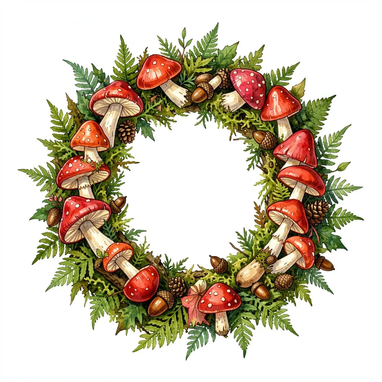 A watercolor illustration of a circular wreath with red fly agaric mushrooms, ferns, moss and acorns on a plain white
