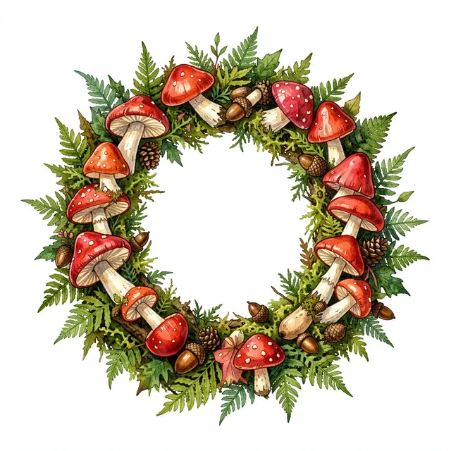 A watercolor illustration of a circular wreath with red fly agaric mushrooms, ferns, moss and acorns on a plain white