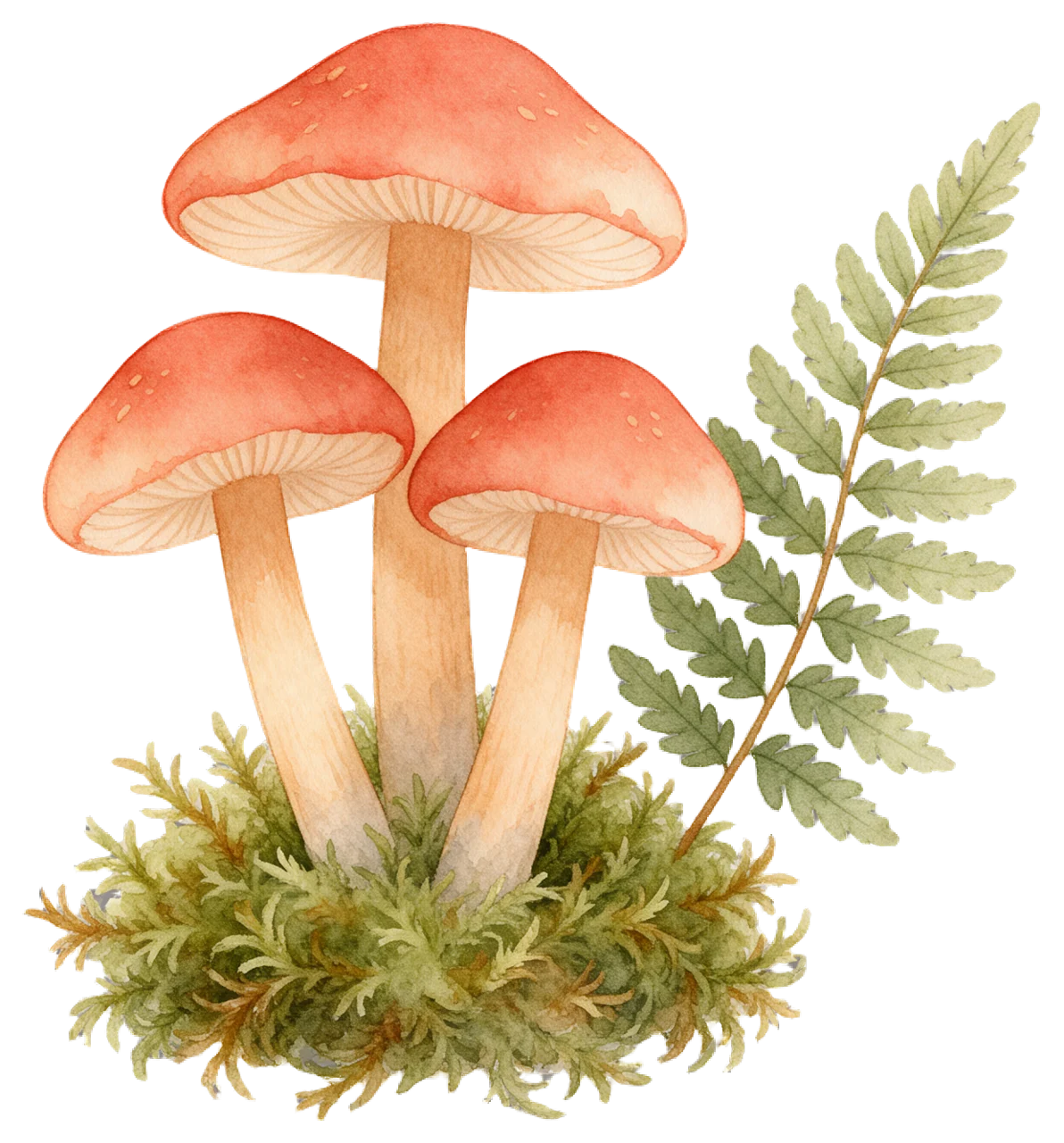 Soft watercolour illustration of three red-capped mushrooms growing in moss beside a fern leaf