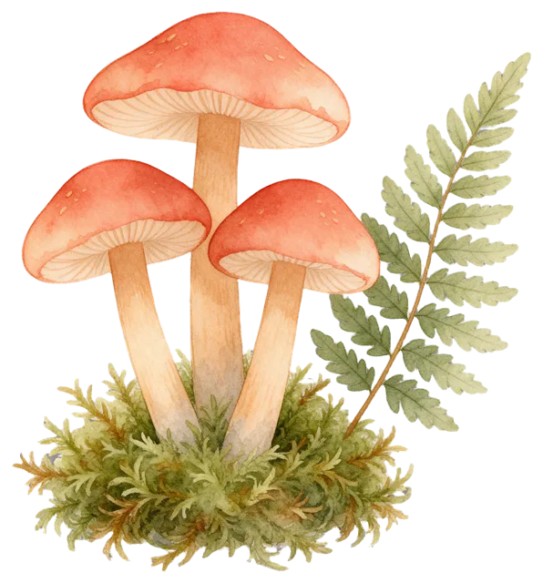 Soft watercolour illustration of three red-capped mushrooms growing in moss beside a fern leaf