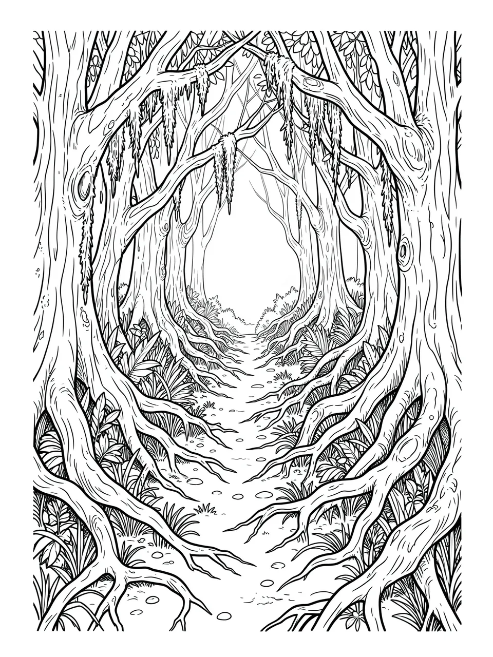Black and white line art coloring page of an intricate forest path lined with twisted trees and hanging moss