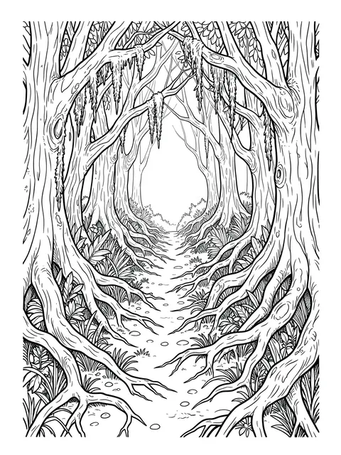 Black and white line art coloring page of an intricate forest path lined with twisted trees and hanging moss