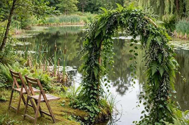 Lush green foliage wedding arch stands beside a still pond with wooden folding chairs facing it