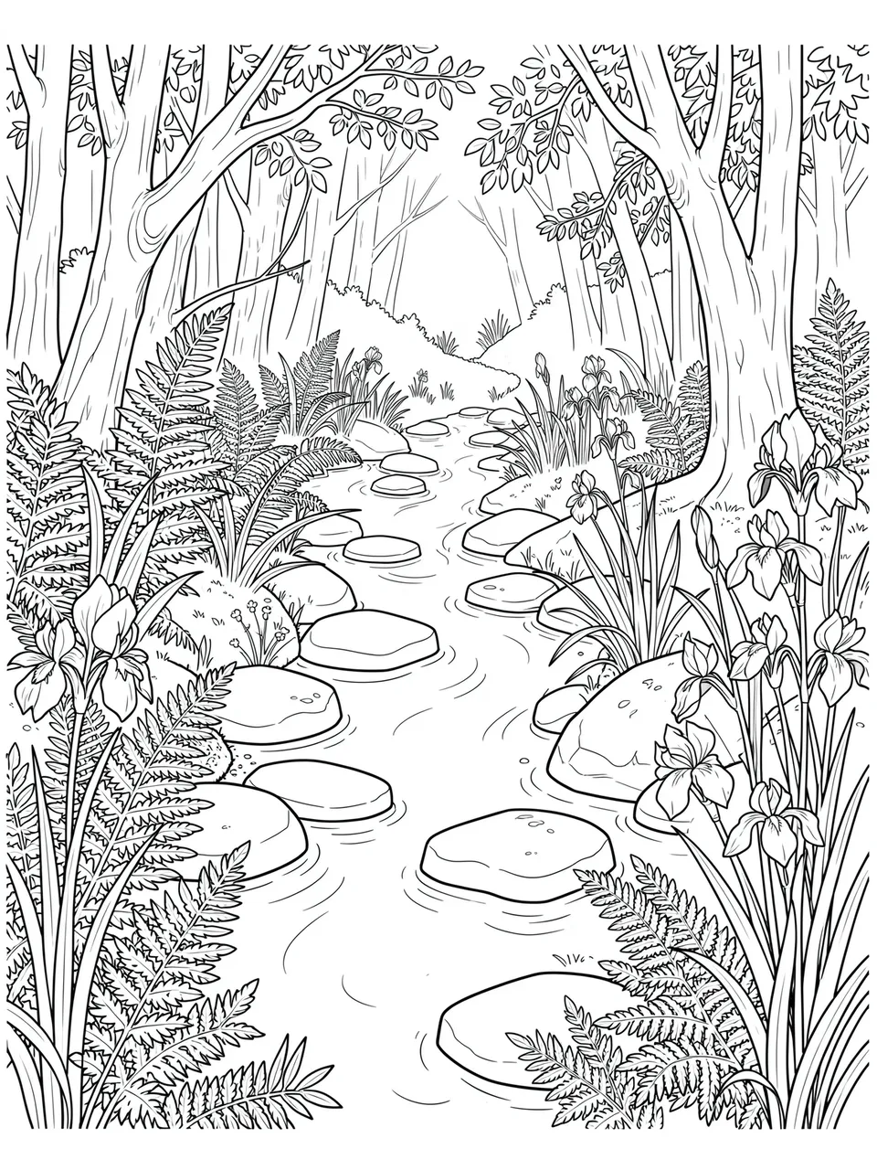 Black and white line art of a forest stream with stepping stones, ferns and wild irises on a white background