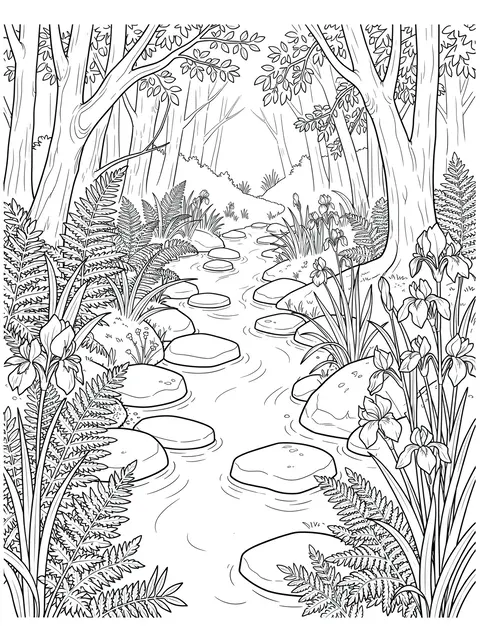 Black and white line art of a forest stream with stepping stones, ferns and wild irises on a white background