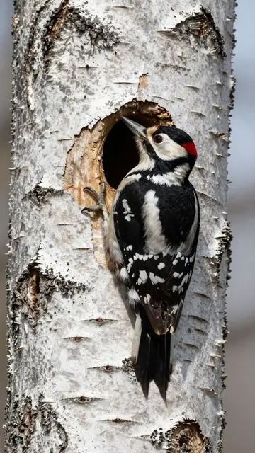 A great spotted woodpecker clings to a dead birch trunk next to its round nest entrance hole.