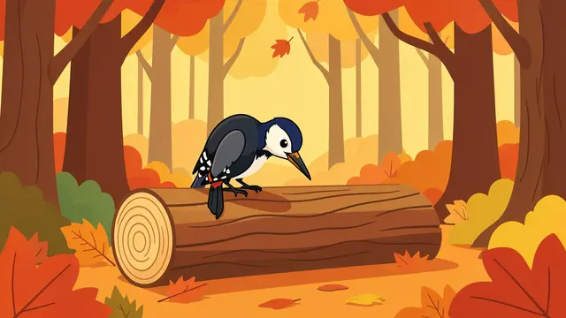 Cute cartoon woodpecker perches on a hollow log in a warm autumn forest