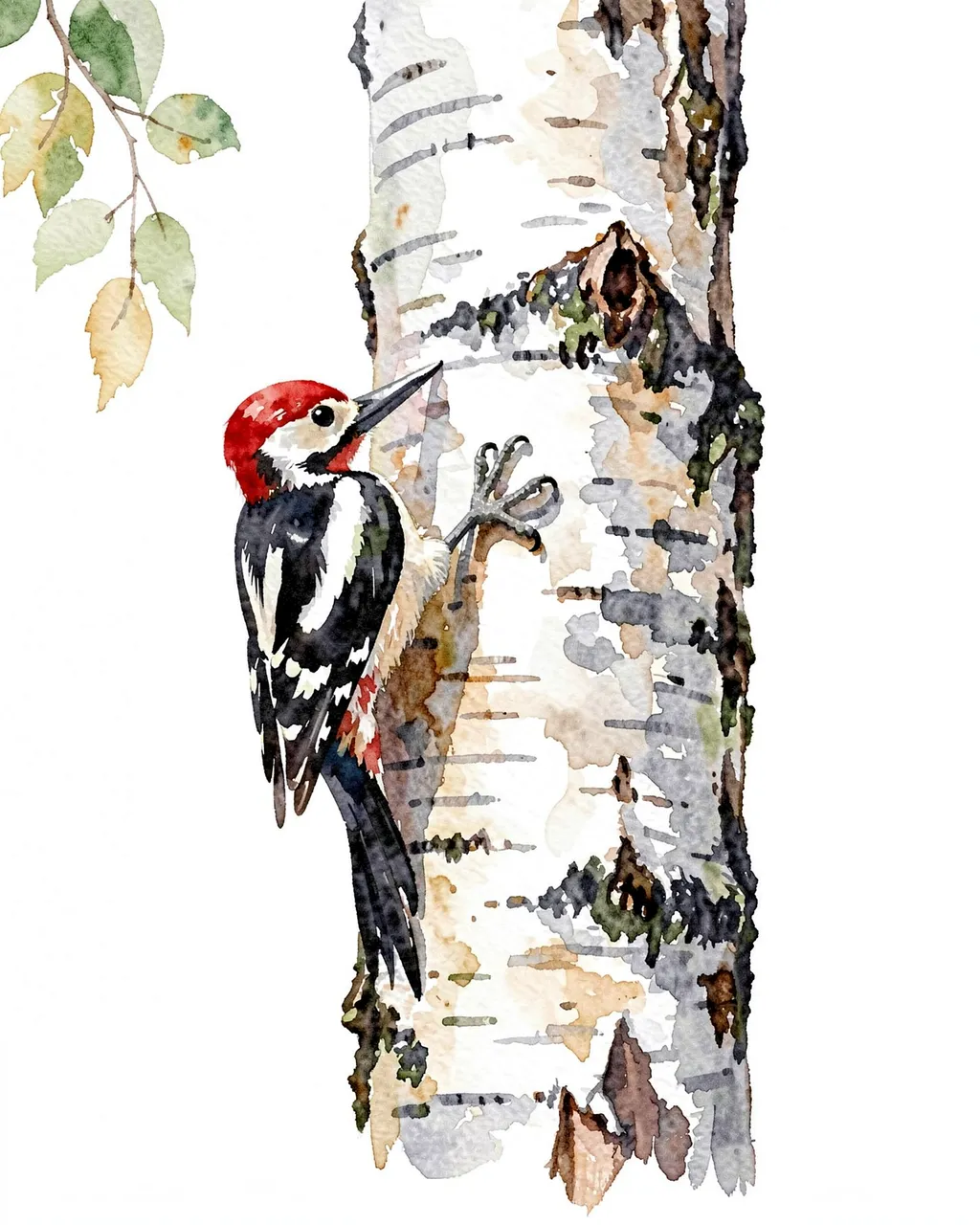 Watercolor illustration of a red-headed woodpecker perched on a textured birch tree trunk