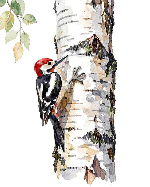 Watercolor illustration of a red-headed woodpecker perched on a textured birch tree trunk