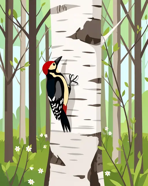 A woodpecker clings to a birch tree in a bright spring forest illustration