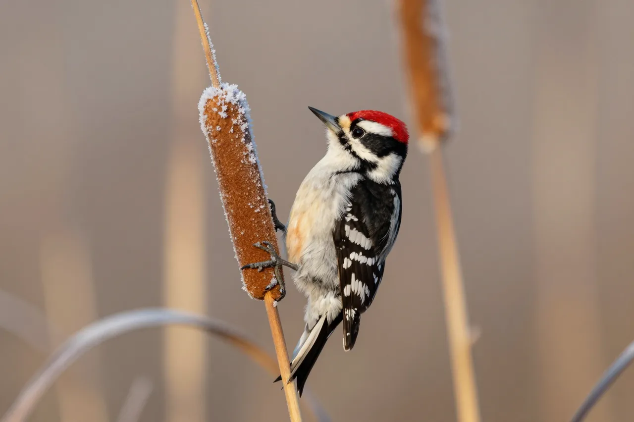 A downy woodpecker clings to a frost-dusted cattail stem in soft morning marsh light.
