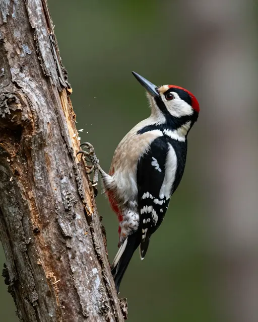 A side view of a great spotted woodpecker clinging to a dead tree trunk with wood chips flying.