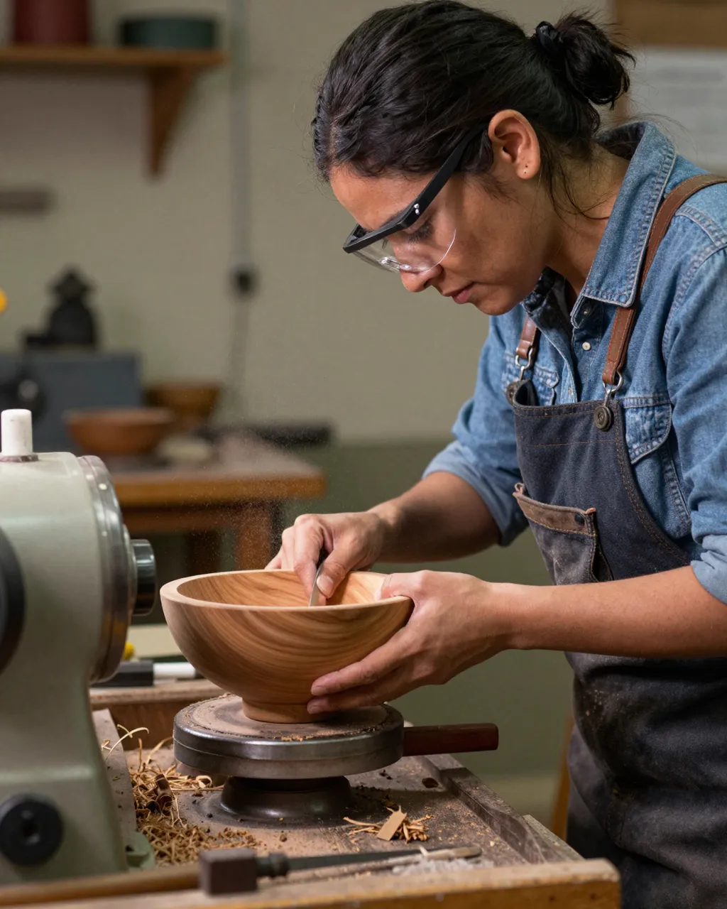 A Latina craftsperson wearing safety glasses shapes a wooden bowl at a workshop lathe with wood shavings scattered on the