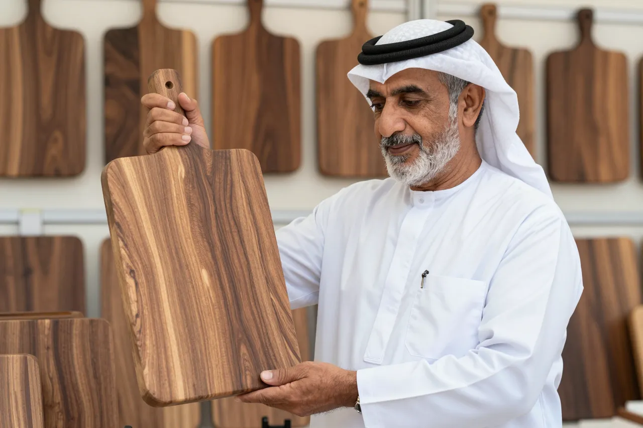 Senior Middle Eastern woodworker holds a walnut cutting board at his craft stall.