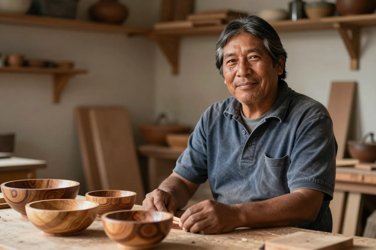 Indigenous senior woodworker sits at a workbench with finished carved wooden bowls in his sunlit workshop