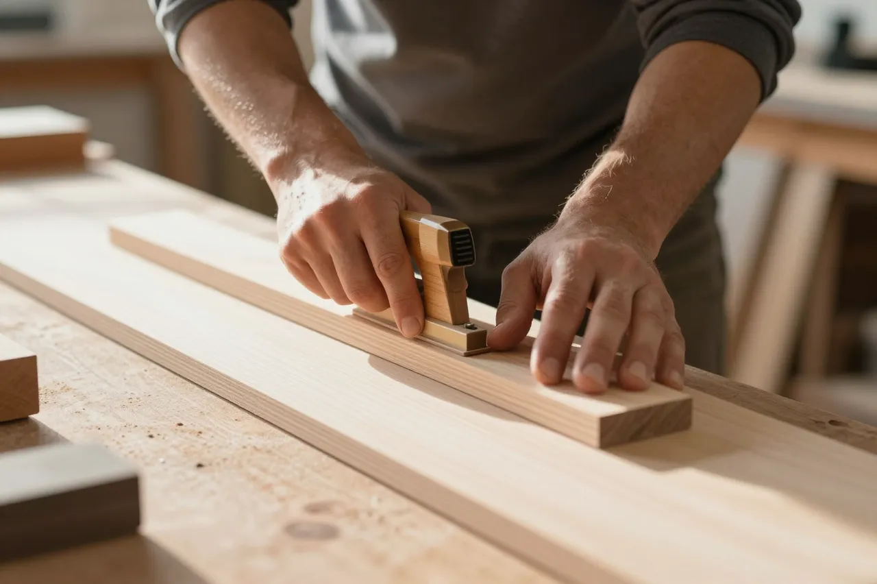 A woodworker uses a hand plane to smooth a board on a sunlit workbench.