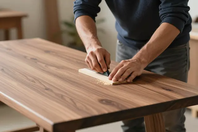 A furniture maker sands a finished walnut tabletop with a hand plane, fine sawdust resting on the wood grain.