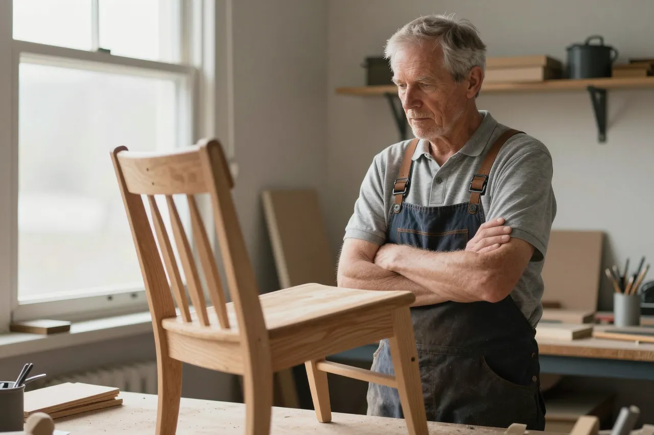 Senior male woodworker with folded arms thoughtfully examines an unfinished wooden chair on his workbench by a bright window.