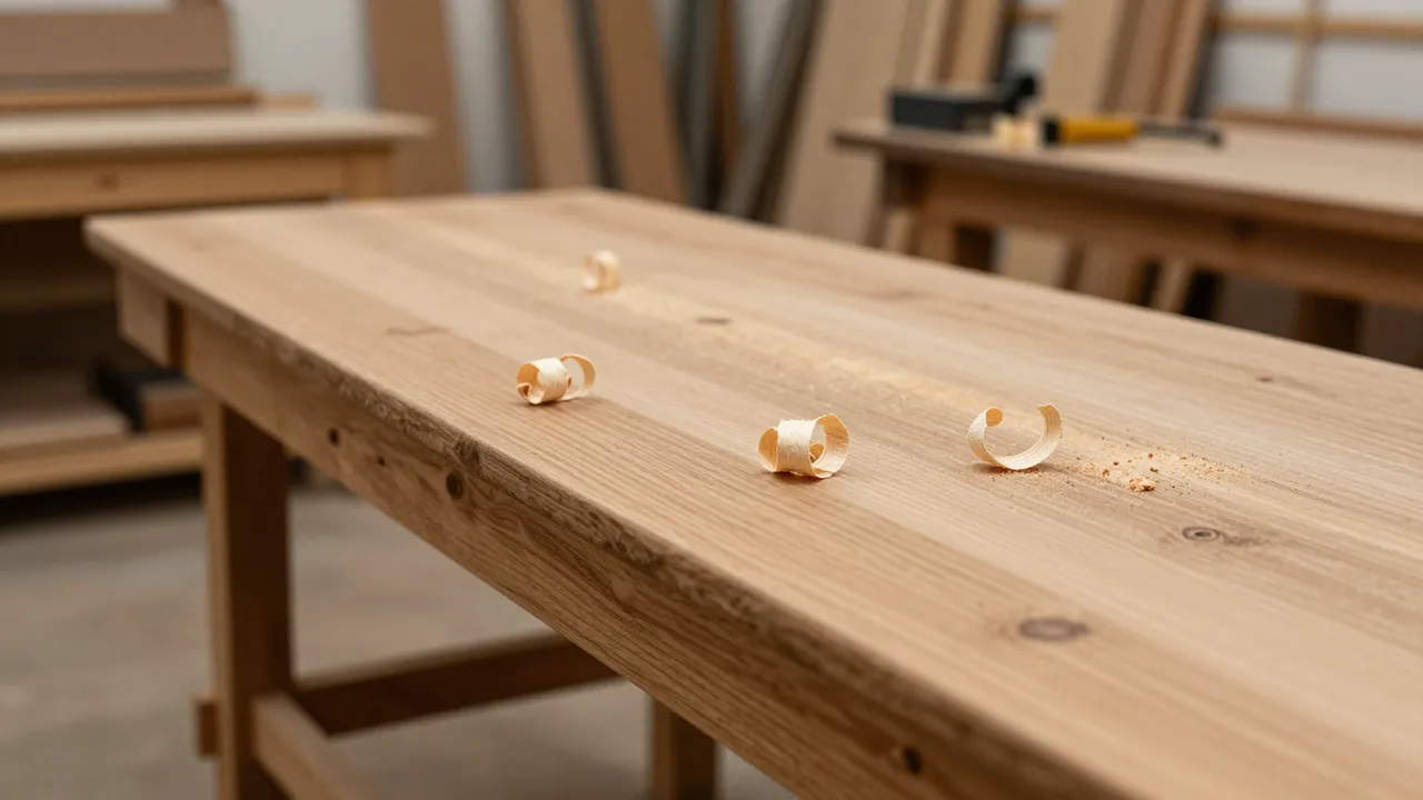 Long oak workbench with curled wood shavings sits in a warm woodworking studio