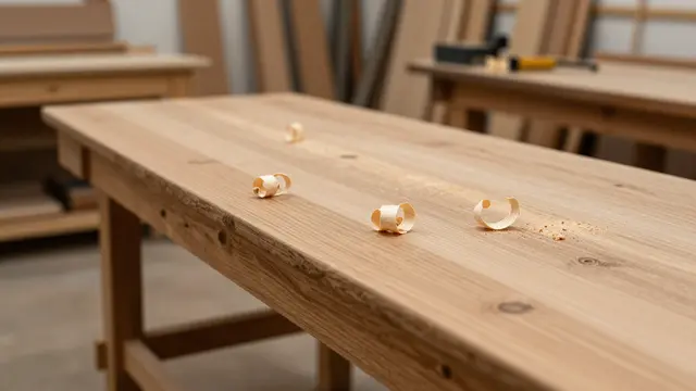 Long oak workbench with curled wood shavings sits in a warm woodworking studio
