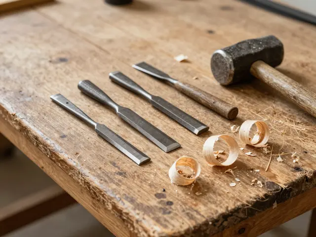 Chisels, a mallet, and curled wood shavings rest on a worn wooden workbench.