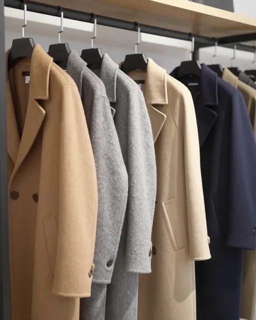 Row of camel, gray and navy wool coats hanging on a clothing rail in a minimalist retail shop with soft daylight.