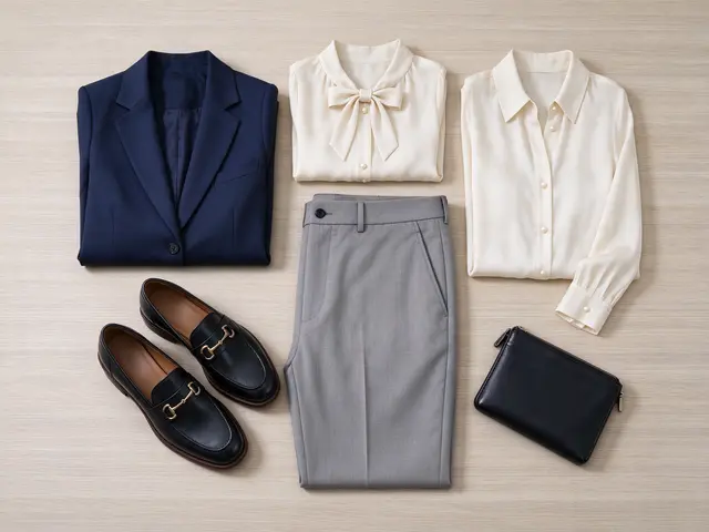 Overhead flat lay of folded business clothing arranged neatly on a pale wood surface