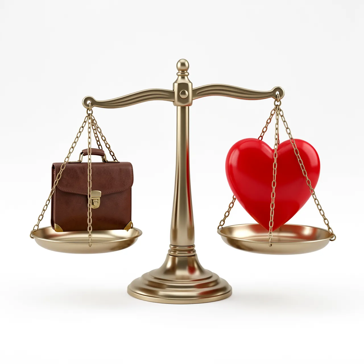 Brass balance scale holds a brown briefcase and red heart level on opposite pans