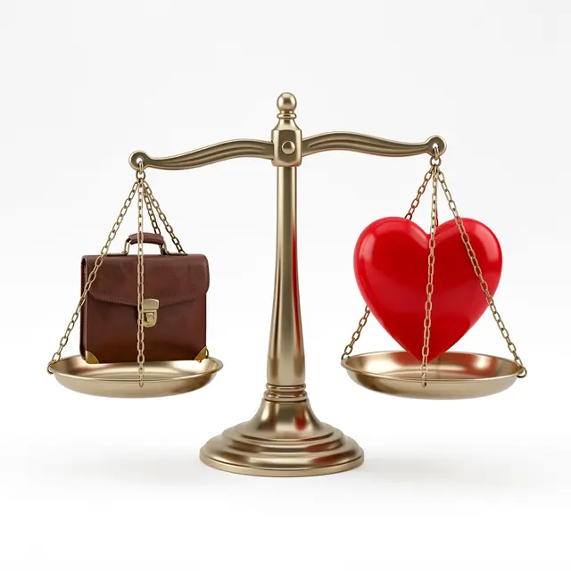 Brass balance scale holds a brown briefcase and red heart level on opposite pans