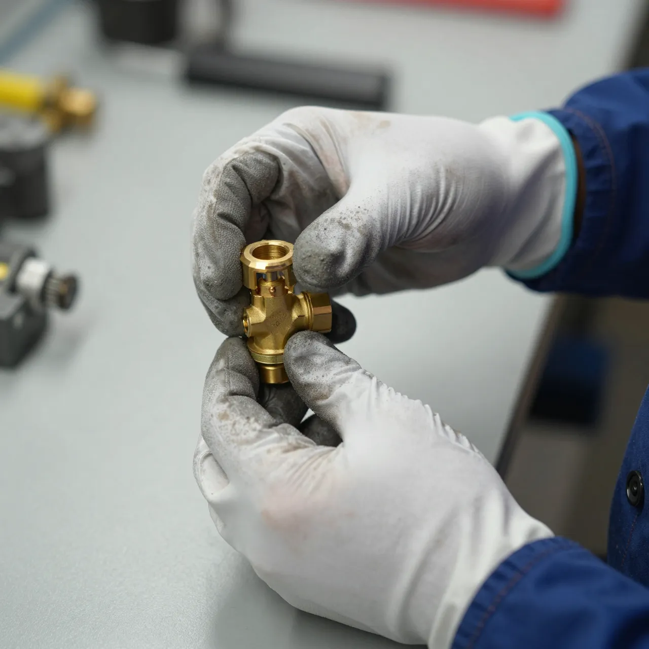 Gloved hands of a factory worker hold and examine a small brass valve at a workbench
