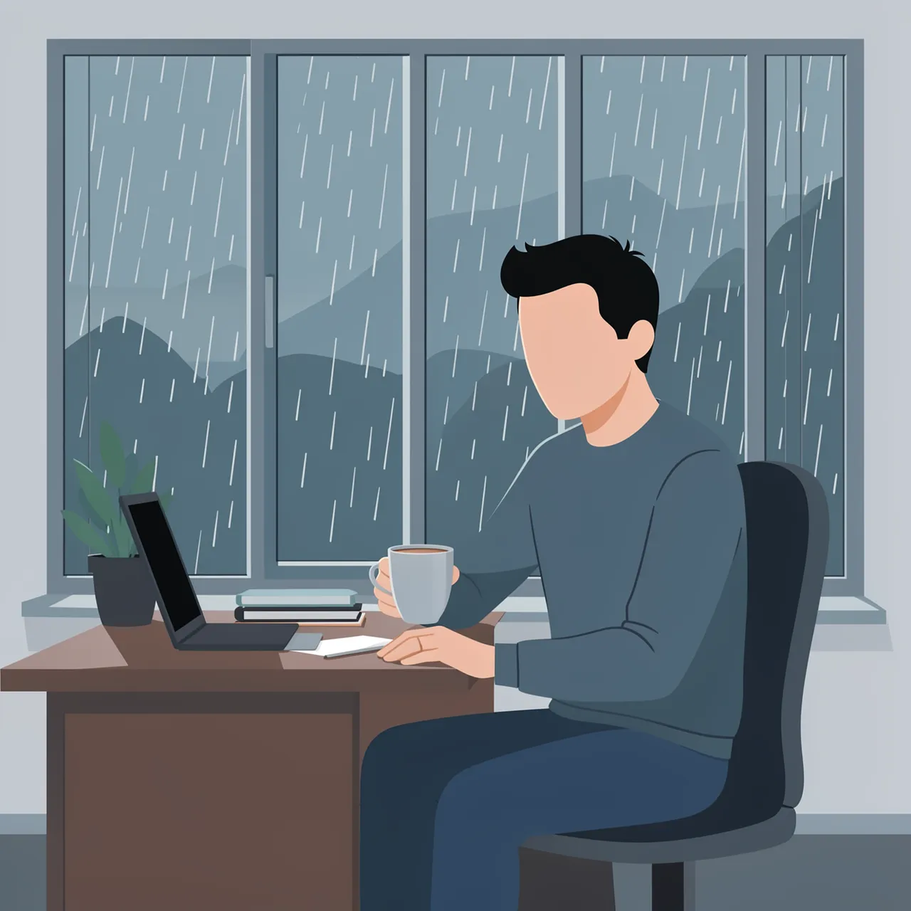 Faceless man sits at a home office desk holding a coffee mug beside a rainy window