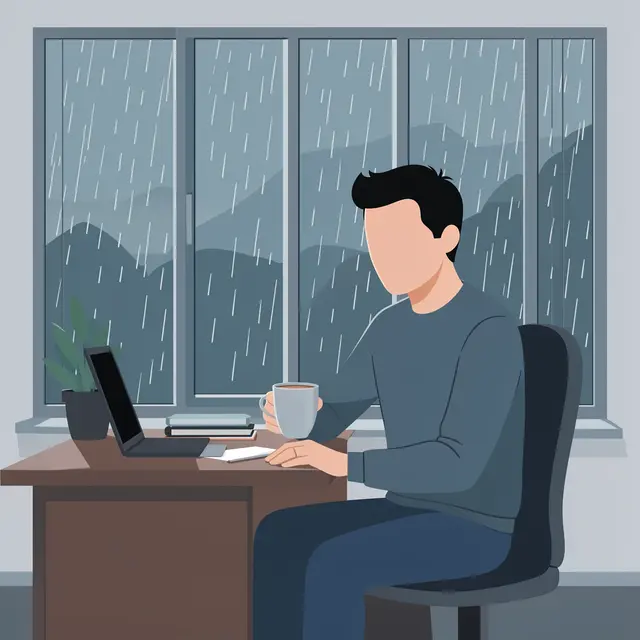Faceless man sits at a home office desk holding a coffee mug beside a rainy window