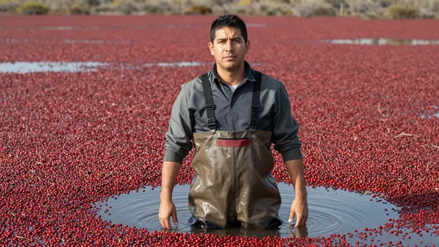 A middle aged Latino man in waders stands waist deep in a flooded bog covered with floating red cranberries