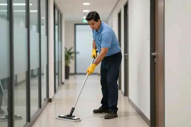 A man in a blue polo and yellow gloves mops a glossy office hallway floor