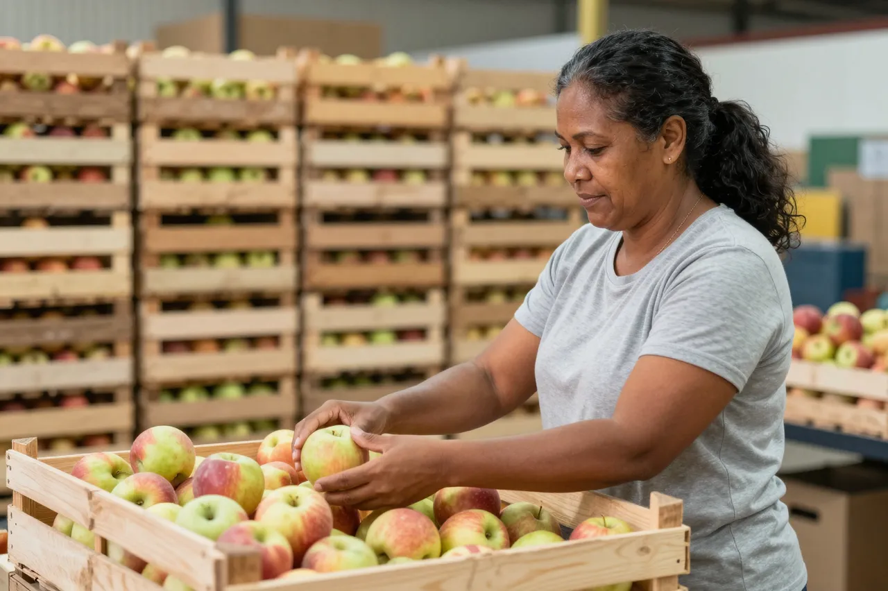 A Pacific Islander woman in a gray shirt sorts apples into a wooden crate in a produce packing facility.