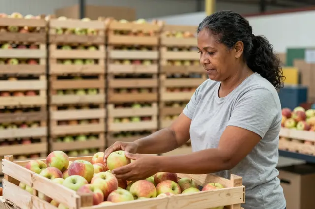 A Pacific Islander woman in a gray shirt sorts apples into a wooden crate in a produce packing facility.