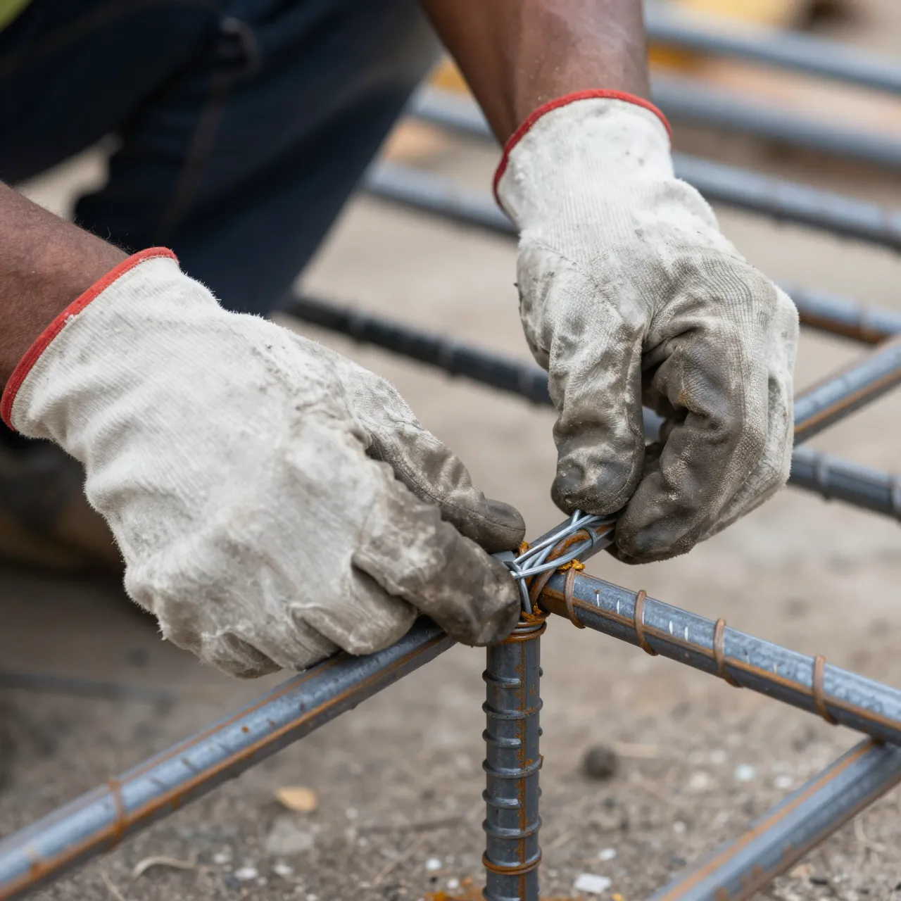 Close-up of gloved construction worker hands tying steel rebar with binding wire on a job site