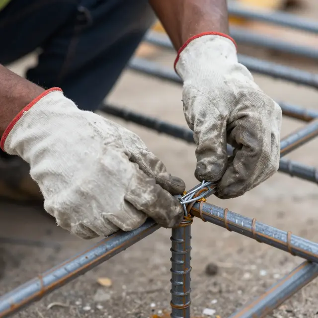 Close-up of gloved construction worker hands tying steel rebar with binding wire on a job site