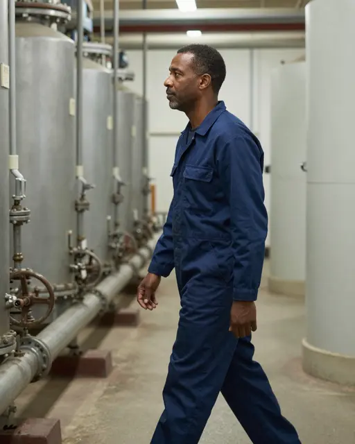 Side view of a middle-aged man in blue coveralls walking past industrial tanks and piping in a boiler room.