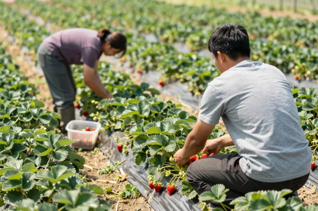Two farm workers harvest ripe strawberries from rows of plants in a sunlit field, seen from behind the male worker.